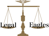 Scales of justice with eagle on the top with the word "Legal" on the left scale and the word "Eagles" on the right scale.