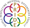 Logo with the words "People Respecting Individual Differences Equally" around rings in red, orange, yellow, green, blue and purple with the letters PRIDE down the center.