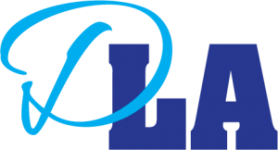 Light blue scripted letter D over dark blue block letters L and A to make the DLA logo