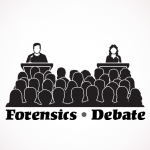 two people at podiums present to an audience and the words "Forensics" and "Debate" under the image.