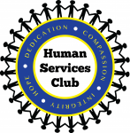 Words Human Services Club in the middle of a circle with the core values of the organization and people holding hands all around the outside of the the circle.