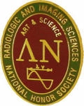 image of Lambda Nu pin.  Words "Radiologic and Imaging Sciences National Honor Society" on a green background with the Greek Letters Lambda and Nu with the words "Art & Science" above the image of a gamma ray