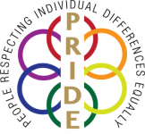 Logo with the words "People Respecting Individual Differences Equally" around rings in red, orange, yellow, green, blue and purple with the letters PRIDE down the center.