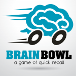 Blue Brain on wheels moving quickly with the words "Brain Bowl" in large bold print below, and the phrase "a game of quick recall" under the group name