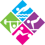 diamond-shaped image in four squares, pink, green, purple, blue, basketball, fitness, water sports, exercise