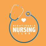 Stethoscope surrounding the words Nightingale Nursing Club with a heart above the words on an orange background.