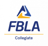 Triangle with colors of yellow, light blue and navy on top of FBLA Collegiate