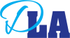 Light blue scripted letter D over dark blue block letters L and A to make the DLA logo